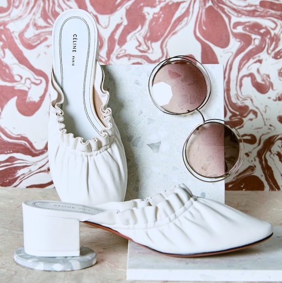 CELINE White Ruffle Leather Mule - Picture 2 of 9